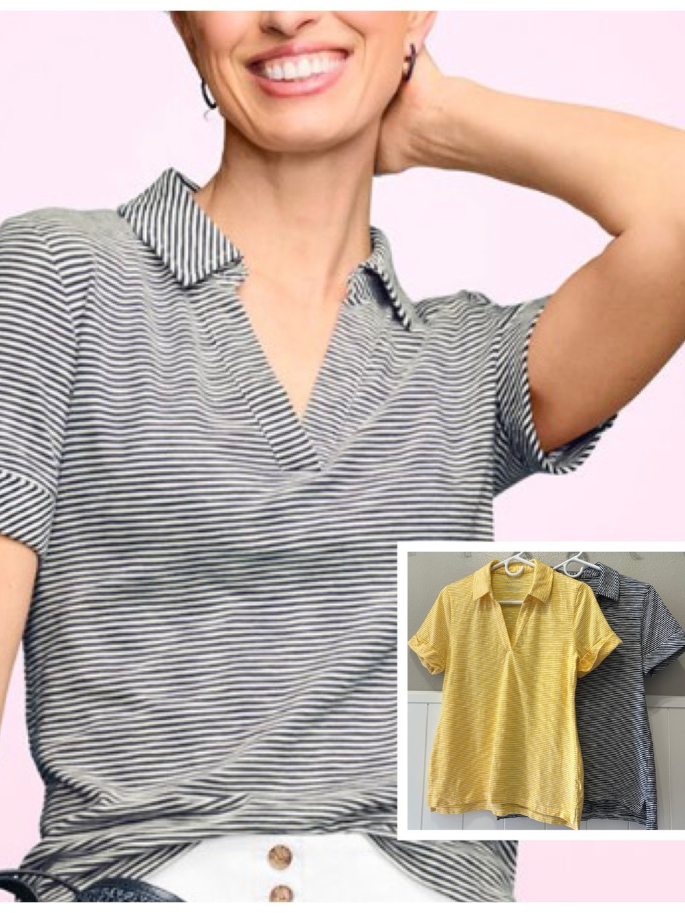 2-Pack Bundle TALBOTS Roll Cuff Johnny Collar Pullover Striped Shirt Yellow Blue